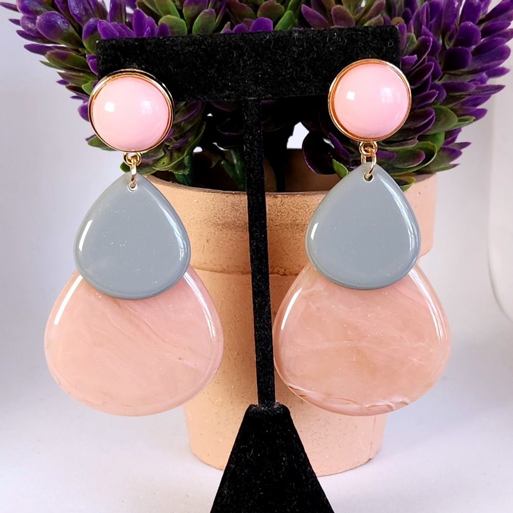 Pink and Grey Marbled Resin Triple Tier Teardrop Statement Earrings Gold 2.75"